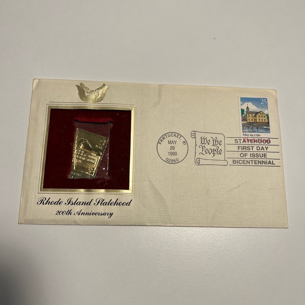 Rhode Island Statehood 200th Anniversary 1990 FDC 22kt Gold Replica Stamp #166